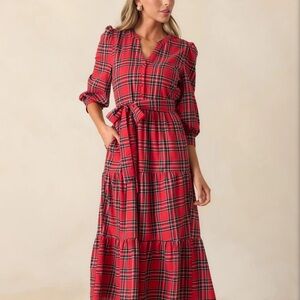 Plaid from Red Dress boutique A SIMPLE GLOW COTTON RED LONG SLEEVE MIDI DRESS